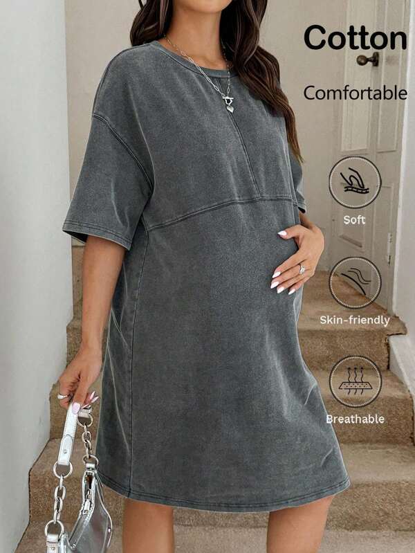 SHEIN Effen kleur zwangerschapsjurk met ronde hals en verlaagde schouders, casual zomerjurk met slijtage