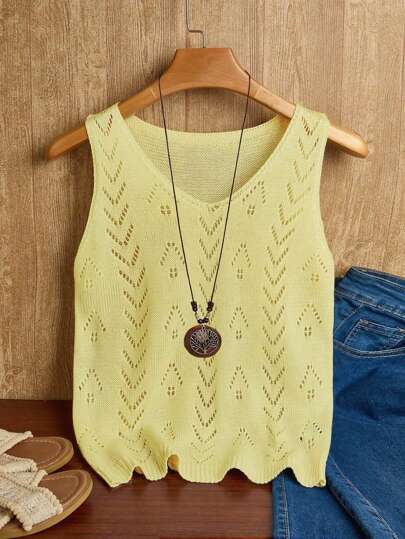 EMERY ROSE Top de punto de unicolor y calado para mujer, ideal para vacaciones