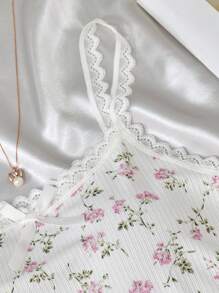 SHEIN 2pcs/Set Tween Girl Floral Pattern Ribbon Bow Ruffle Trim Camisole And Shorts Comfortable Casual Fitted Pajama Set - Pink - View 4