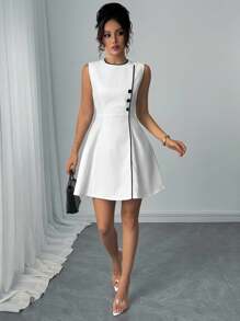 SHEIN Clasi Contrast Color Round Neck Sleeveless Slim Fit Short Mini Dress For Women Teacher Outfits For Women Back To School Clothes Teacher  Dresses For Women Elegant  White Dresses Classy Elegant Business Casual Woman Office Outfits For Women Teacher Work Clothes Women Teacher Outfits Business Casual Outfits Women Business Professional Women Work Dresses For Women - Multicolor - View 5