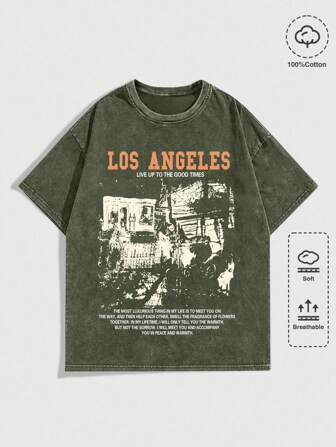 Street Life Camiseta informal de verano para hombre con estampado de eslogan lavada