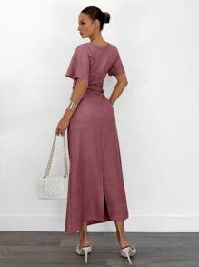 Siren Gaze Summer Women Solid Color Linen Blended Dress Christmas Elegant Evening Dress - Red Violet - View 2