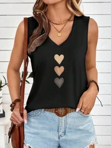 SHEIN LUNE Plus Size Women's Simple Versatile Triple Color Heart-Shaped V-Neck Tank Top, Suitable For Summer