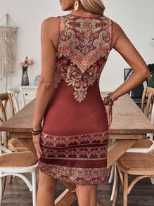 EMERY ROSE V-Neck Sleeveless Retro Printed Pattern Dress, With Buttons, Casual Holiday Attire - Burgundy - View 2