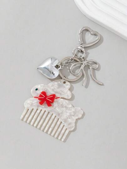 Kawaii مشط شعر محمول جميل من الاستات بشكل أرنب مع سلسلة مفاتيح