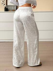 SHEIN EZwear Women's Casual Leopard Print Drawstring Waist Loose Wide Leg Pants - White - View 2