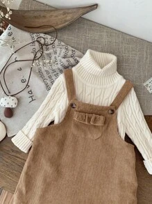 SHEIN LMoss Kids LMoss 女婴可爱粉色灯芯绒背带裙，适合秋冬季女婴灯芯绒背带裙，卡其色婴儿连衣裙，摩卡色婴儿服装，复古婴儿服装，女婴灯芯绒连衣裙 - 卡其色 - 查看 4