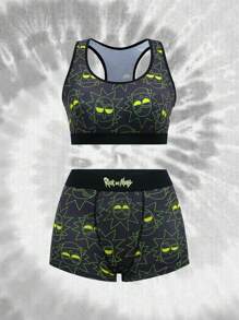 Rick and Morty X SHEIN 女士舒适卡通图案无钢圈文胸和内裤套装 - 黑色 - 查看 7