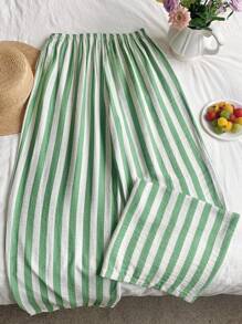 SHEIN EZwear Quần dài nữ họa tiết sọc có dây rút eo thường ngày đa năng cho sân bay - màu xanh lá - Xem 3
