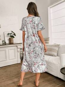 SHEIN Camisola Feminina Curta com Manga Curta e Babado Estampa de Galho Botânico, Vestido de Dormir Moo Moo - Cinza - Visão 2