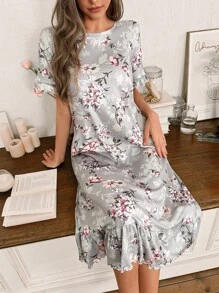 SHEIN Camisola Feminina Curta com Manga Curta e Babado Estampa de Galho Botânico, Vestido de Dormir Moo Moo - Cinza - Visão 5