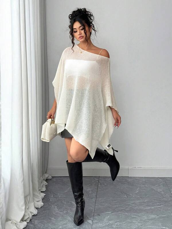 Elenzga Plus Size Solid Color Asymmetrical Collar Sheer Long Sleeve Knitted Cover Up