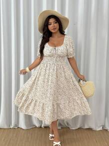 Flirla Plus Size Square Neck Puff Sleeve Cinched Waist A-Line Dress - Multicolor - View 5