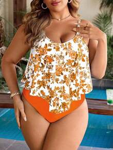 Swim Lushoire 2pcs/Set Plus Size Women Chinoiserie Style Random Print Crew Neck Ruffle Hem Vest And High Waist Pleated Triangle Bikini Swimwear Set For Summer Beach Vacation - Multicolor - View 1