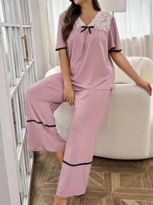 SHEIN Conjunto de pijama de top y pantalones de encaje y parches de talla grande - Rosa vieja - Ver 1