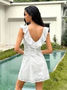 Rafferiza 女士优雅镂空花朵 A 字迷你连衣裙，修身，适合毕业季 - 白色 - 查看 2