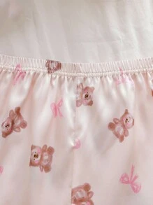Back To School Fashion3pcs Girls Cute Cartoon Bear Print Short Sleeve Top, Shorts And Long Pants Pajama Set Girls Pajama Set Teddy Bear Pajama Set Silk Pajama Set - Pink - View 6