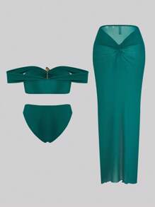 Swim Oasis Women 3 PiecesSwimsuit Set, Includes Off-Shoulder Gold Accent Semi-Sheer Twist Knot Maxi Skirt, Elegant Beach Vacation Outfit Suitable For Pool, Beach, Party For Summer