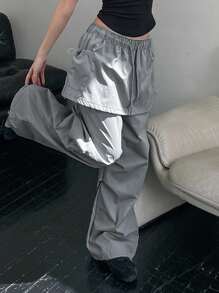 DAZY Pantalón cargo casual de tiro alto y pierna ancha con cordón, 2 en 1 para mujeres