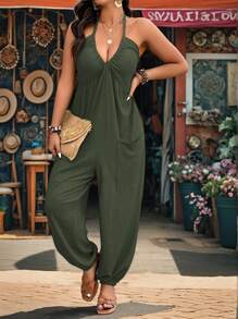 EMERY ROSE Plus Size Army Green Textured Fabric V-Neck Pocket Drawstring Jumpsuit,Women's Summer Boho Vacation Holiday Casual Homewear Halter Sleeveless Jumpsuit - Army Green - View 5