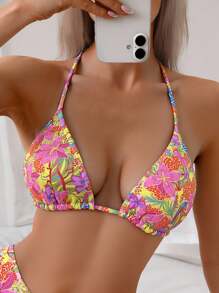 Swim Vcay 女士花卉印花露背系带性感比基尼套装，适合海滩度假