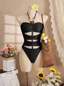 Swim Vcay Đồ bơi liền thân hở lưng vải bóng quyến rũ có dây rút đính hạt cho kỳ nghỉ bãi biển mùa hè mới dành cho nữ - màu đen - Xem 7