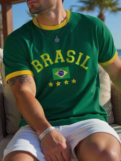 Manfinity Homme Men's Patchwork T-Shirt Manfinity Hypemode, Green & Yellow Brazil Football Sports Element & Letter Print Pattern, Contrast Color Patchwork Short Sleeve Brasil Shirt Brazil Shirt Football Tshirt Men Brazil Football Shirt Brazil Tshirt