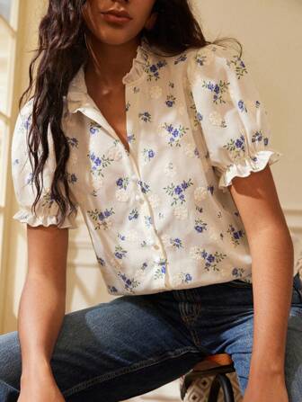 Écloséra Daily Leisure Vacation Frill Edge Puff Sleeves Short Sleeves Embroidery Texture Print Ditsy Floral Fabric Women's Spring And Summer Tops Shirt Cute Shirt