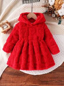 Vestido Confortável e da Moda para Meninas Pequenas, Manga Longa com Capuz Fofo Vermelho com Coração de Pelúcia, Outono/Inverno