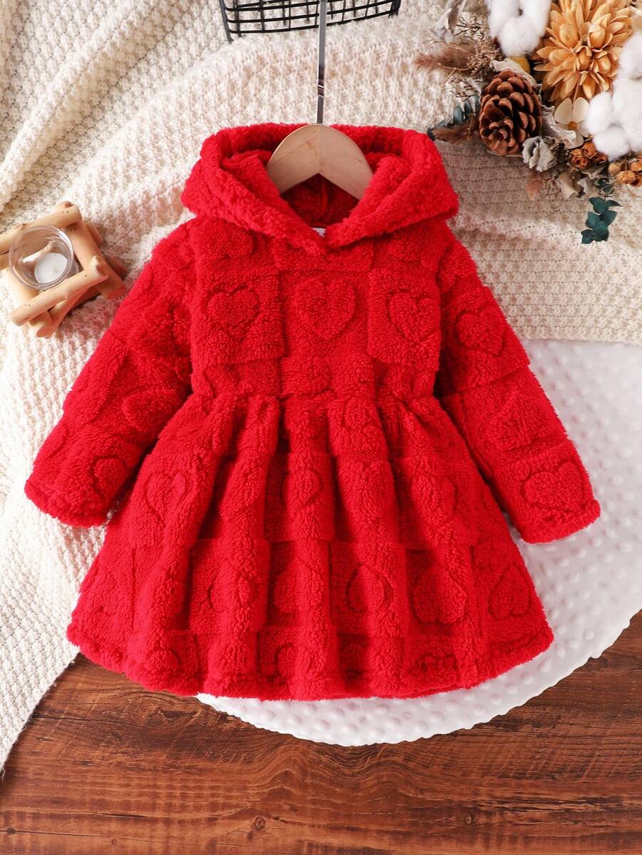 Vestido Confortável e da Moda para Meninas Pequenas, Manga Longa com Capuz Fofo Vermelho com Coração de Pelúcia, Outono/Inverno