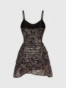ROMWE Hippie Vestido corto de mujer con estampado paisley de volantes, encaje y cinta en estilo vintage hippie retro