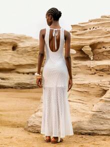 Lumivelle Elegant White Women's Sleeveless Knitted Maxi Dress With Stand Collar And Semi-Sheer Detail - White - View 2