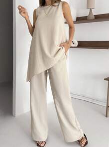 SHEIN Cottnline Women Solid Color Two Pieces Outfits Tops And Pant Sets Beige Two Piece Set Sleeveless Jumpsuit Elegant Jumpsuit Pant Suit Summer Sets Summer Two Piece Set - Beige - View 4