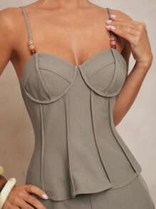 Lumalex Bộ vest nữ thanh lịch rộng rãi, trang trí áo đính cườm và quần ống rộng - màu xanh lá - Xem 3