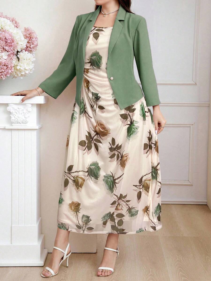 Modelyn 加大码紫色翻领马甲和花卉印花长裙套装，配珍珠纽扣，优雅正式服装两件套