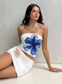 Aloruh Áo crop top bó sát in họa tiết hoa dâm bụt màu xanh lam đậm không quai ngang dành cho nữ, phù hợp cho mùa hè, áo bandeau họa tiết hoa Hawaii, kỳ nghỉ, lễ hội âm nhạc, đi chơi biển - Nhiều màu - Xem 6