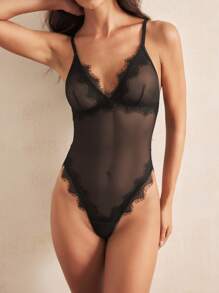 Charlaine 女式蕾丝拼布透明性感无袖连体衣，夏季 - 黑色 - 查看 2