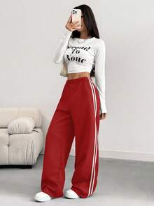 INAWLY Pantaloni sport casual pentru femei, cu croială lejeră în culori contrastante, primăvară/vară - roșu - Vizualizare 6