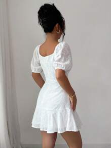 Elenzga 女士纯色短袖简约休闲短款优雅连衣裙 - 白色 - 查看 2