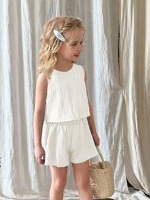 SHEIN LMoss Kids LMoss 2件套女童纯色圆领无袖上衣和短裤套装，白色连衣裙，夏季连衣裙，荷叶边连衣裙，露背连衣裙，亚麻连衣裙，荷叶边连衣裙 - 白色 - 查看 5