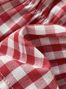 Sweetra French Square Collar Lace Trim Plaid Print Fitted Short Sleeve Blouse With Puff Sleeves Design For Women