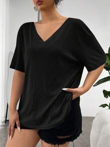 Auralis Plus Solid Backless Drop Shoulder Tee - Black - View 5