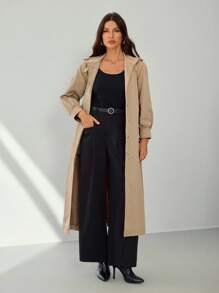 SHEIN Tall 女款休閒純色風衣，春秋款，適合高個女性 - 卡其色 - 查看 7