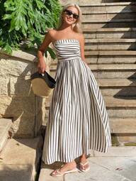 DAZY Women's Casual Striped Tube Top Ruched Dress For Vacation