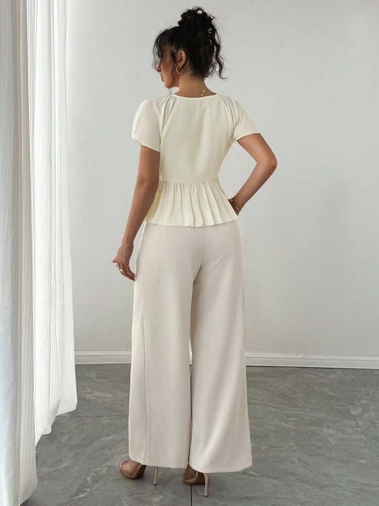 2pcs/Set Women Summer Casual Round Neck Waisted Top And Loose Pants Outfit