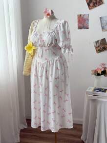 Sweetra Plus Size Women Butterfly Print Ruffle Trim Square Neck A-Line Dress