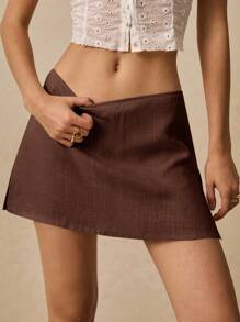 Poéselle Women's Solid Color Low-Waist Front-Covered Casual Skorts - Coffee Brown - View 5