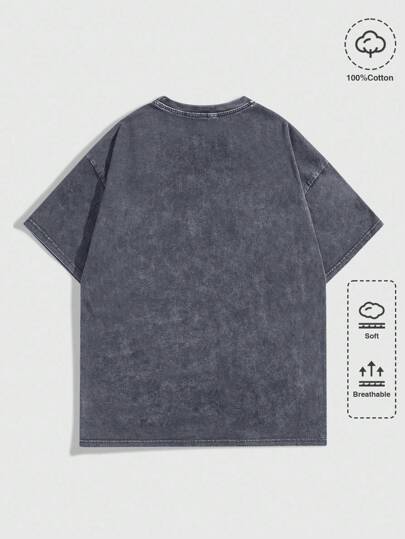 Grunge Punk Camiseta de cuello redondo con lavado ácido vintage de alta calle para hombres, uso casual diario, primavera/verano