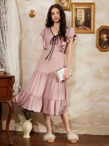 Côtesoire 法式优雅荷叶边系带女士睡衣，Moo Moo 睡裙 - 藕粉色 - 查看 6