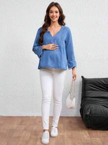 SHEIN Maternity V-Neck Long Sleeve Fringed Denim Top, Fashionable Summer